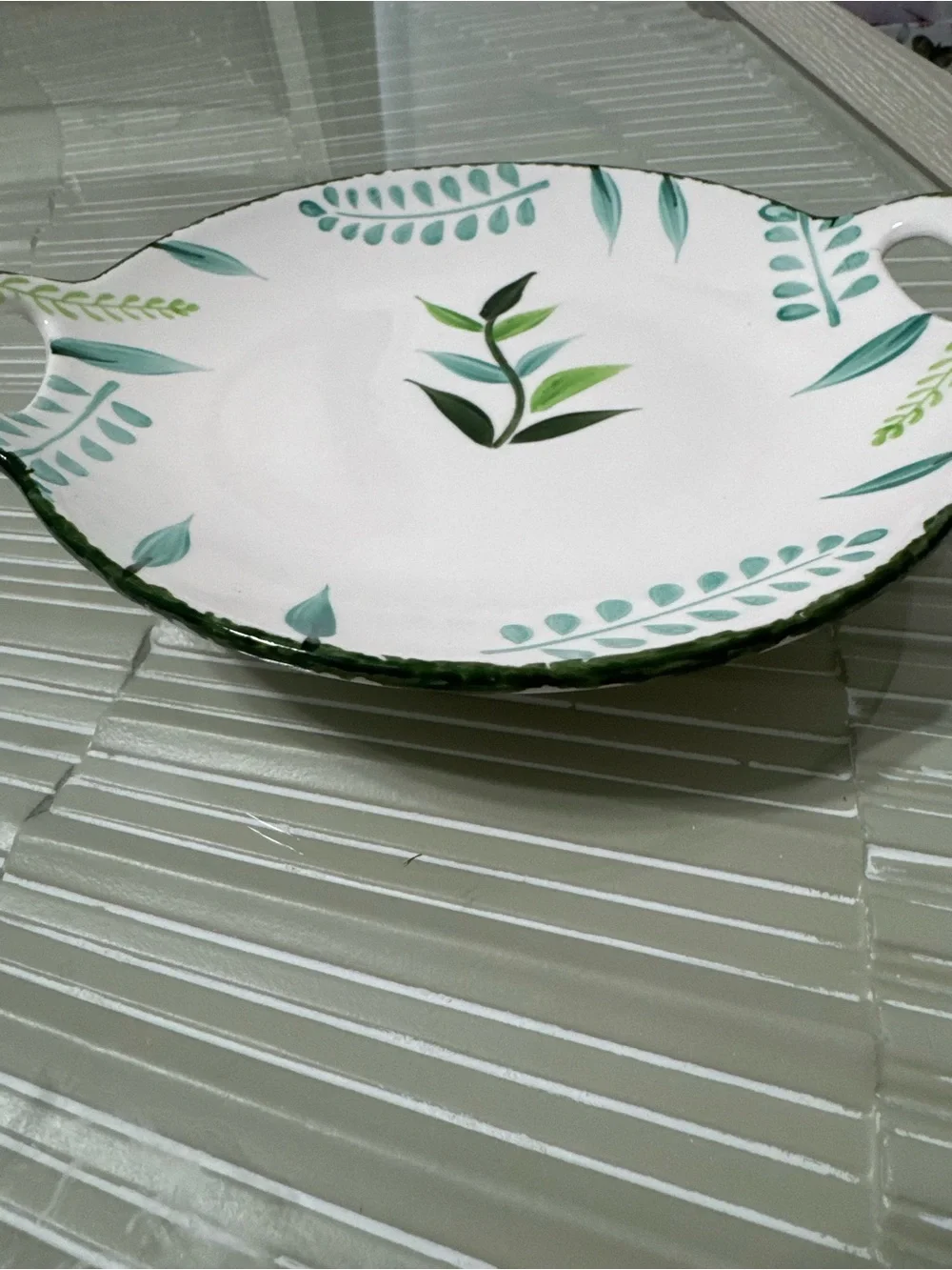 White Ceramic Serving Platter with Green Leaf Design and Handles
